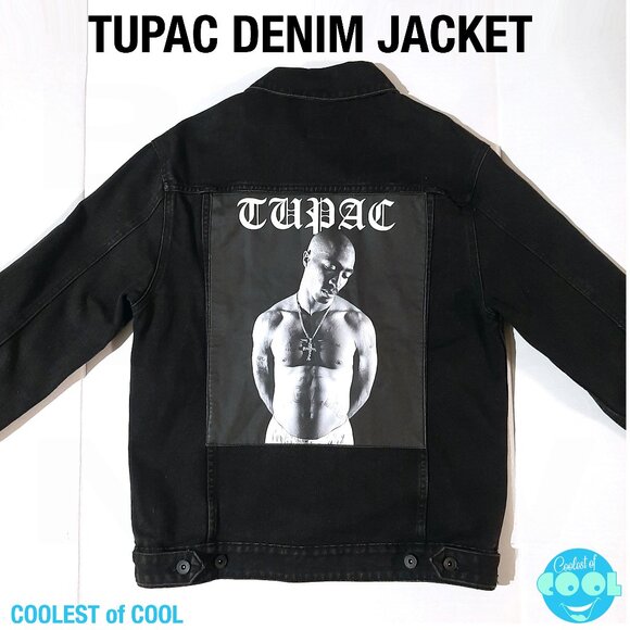 rare Tupac 2pac Thug Life Black Denim Jean Jacket Sz Small Men to Medium Unisex - Picture 1 of 9